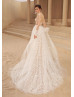 Beaded Lace Tulle Slit Wedding Dress With Detachable Sleeves Beaded Lace Tulle Slit Wedding Dress With Detachable Sleeves